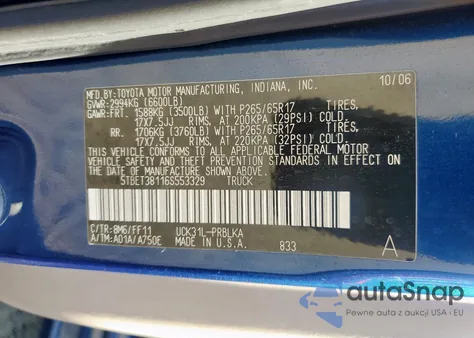 2006 Toyota Tundra Double Cab Limited z USA, uszkodzony, nr VIN 5TBET38116S553329